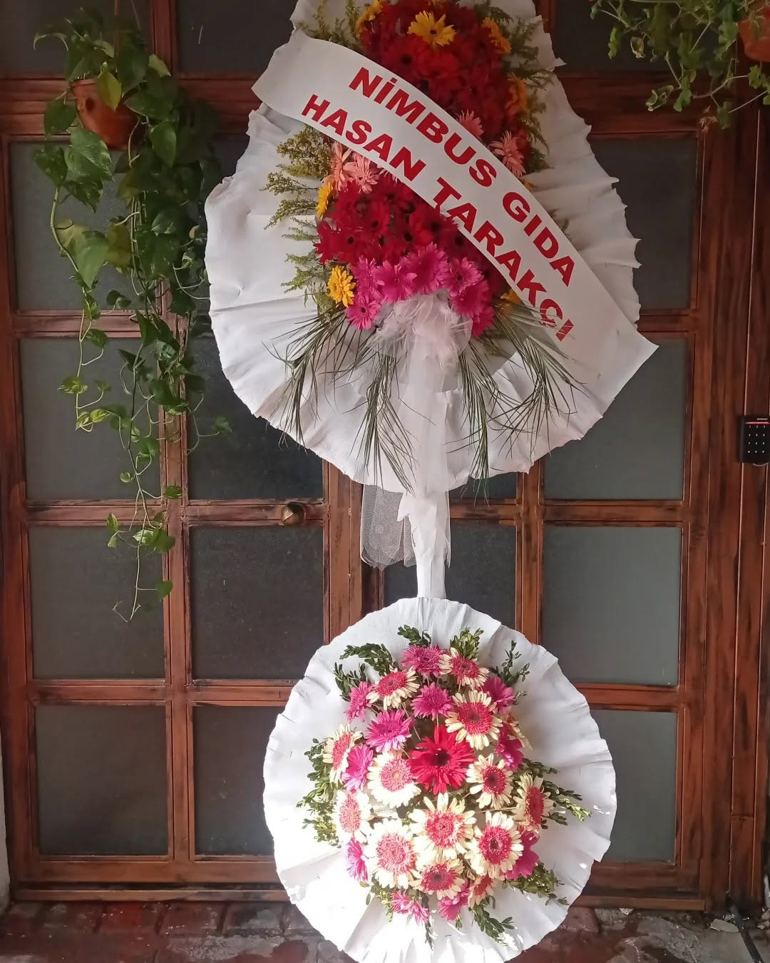 Pembe tonlarında ayaklı açılış çelengi